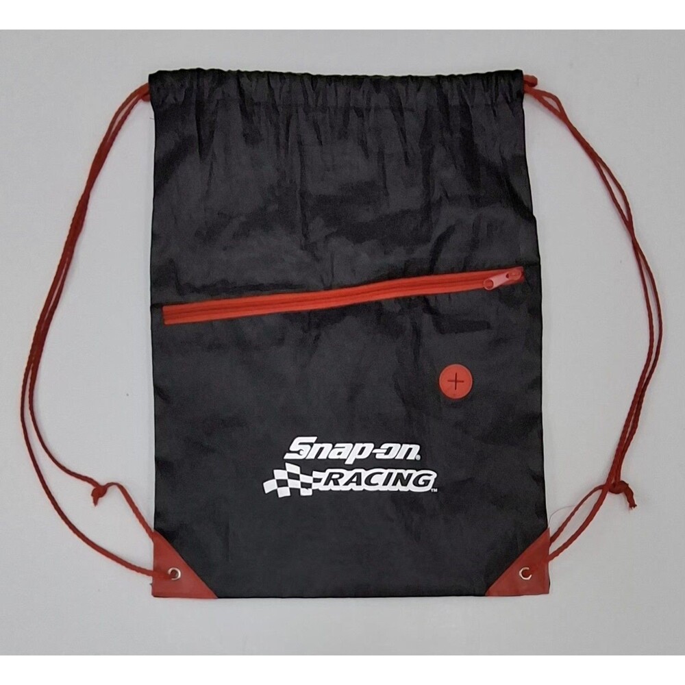 Snap-on Racing Black Drawstring Backpack Cinch Bag w/ Earbud Port Zipper Pocket